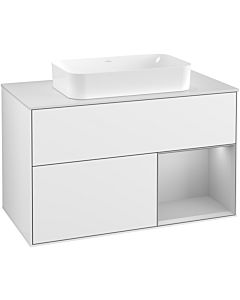 Villeroy und Boch Finion Waschtischunterschrank G251GJGF 100cm, Abdeckplatte white matt, Emotion, Regal rechts Light grey matt, Glossy white lacquer