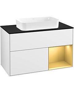 Villeroy und Boch Finion Waschtischunterschrank G252HFGF 100cm, Abdeckplatte black matt, Emotion, Regal rechts Gold matt, Glossy white lacquer