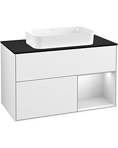 Villeroy und Boch Finion Villeroy und Boch G252MTGF 100cm, plaque de finition noir mat, Emotion, étagère à droite laqué blanc mat, laqué blanc brillant