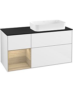 Villeroy und Boch Finion Waschtischunterschrank G272PCGF 120cm, Abdeckplatte black matt, Emotion, Regal links Oak Veneer, Glossy white lacquer