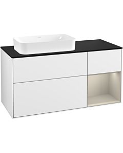 Villeroy und Boch Finion Waschtischunterschrank G282HHGF 120cm, Abdeckplatte black matt, Emotion, Regal rechts Sand Matt, Glossy white lacquer