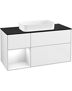 Villeroy und Boch Finion Villeroy und Boch G292GFGF 120cm, plaque de finition noir mat, Emotion, étagère gauche laqué blanc brillant, laqué blanc brillant