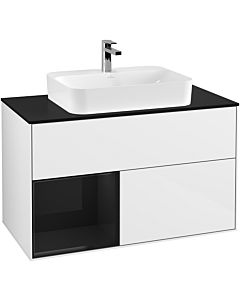 Villeroy und Boch Finion Waschtischunterschrank G362PHGF 100cm, Abdeckplatte black matt, Emotion, Regal links Glossy Black Lacquer, Glossy white lacquer