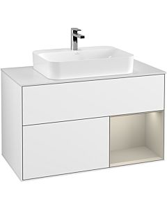 Villeroy und Boch Finion Waschtischunterschrank G371HHGF 100cm, Abdeckplatte white matt, Emotion, Regal rechts Sand Matt, Glossy white lacquer