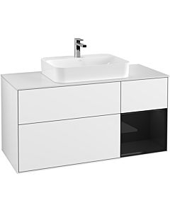 Villeroy und Boch Finion Villeroy und Boch G421PHGF 120cm, plaque de finition blanc mat, Emotion, étagère à droite Noir brillant, Laque blanc brillant