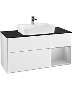 Villeroy und Boch Finion Waschtischunterschrank G422GJGF 120cm, Abdeckplatte black matt, Emotion, Regal rechts Light grey matt, Glossy white lacquer
