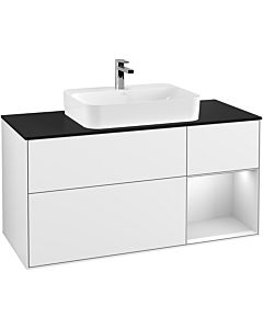 Villeroy und Boch Finion Villeroy und Boch Finion G422MTGF 120cm, cover plate black matt, Emotion, shelf on the right white matt, glossy white lacquer