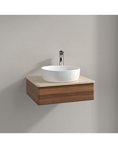 Meuble vasque Villeroy &amp; Boch Antao K07053HM 60 x 19 x 50 cm, percé pour robinetterie, plan vasque couleur Botticino, noyer chaud