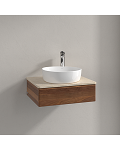 Meuble vasque Villeroy &amp; Boch Antao K07153HM 60 x 19 x 50 cm, percé pour robinetterie, plan vasque couleur Botticino, noyer chaud