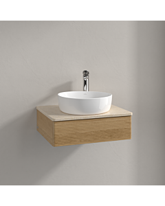 Meuble vasque Villeroy &amp; Boch Antao K07153HN 60 x 19 x 50 cm, percé pour robinetterie, plan vasque couleur Botticino, chêne miel