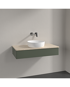 Meuble vasque Villeroy &amp; Boch Antao K09013HL 100 x 19 x 50 cm, plan vasque couleur Botticino, laque mate vert feuille