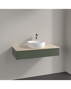 Meuble vasque Villeroy &amp; Boch Antao K09053HL 100 x 19 x 50 cm, percé pour robinetterie, plan vasque couleur Botticino, laque mate vert feuille