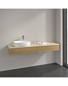 Meuble vasque Villeroy &amp; Boch Antao L15153HN avec éclairage et finition texturée, 160 x 19 x 50 cm, percé pour robinetterie, plan vasque couleur Botticino, chêne miel
