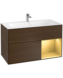 Villeroy und Boch Finion Waschtischunterschrank F040HFGN 99,6x59,1x49,8cm, Regal rechts Gold matt, Walnut veneer