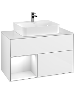 Villeroy und Boch Finion Waschtischunterschrank F111GFGF 100cm, Abdeckplatte black matt, Regal links Glossy white lacquer, Glossy white lacquer