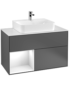 Villeroy und Boch Finion Waschtischunterschrank F111GFGK 100cm, Abdeckplatte black matt, Regal links Glossy white lacquer, Anthracite matt
