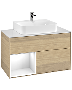 Villeroy und Boch Finion Villeroy und Boch F111GFPC 100cm, plaque de finition noir mat, étagère gauche laqué blanc brillant, Oak Veneer