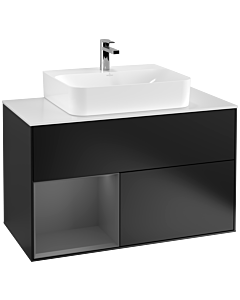 Villeroy und Boch Finion Waschtischunterschrank F111GKPD 100cm, Abdeckplatte black matt, Regal links Anthracite matt, Black matt lacquer