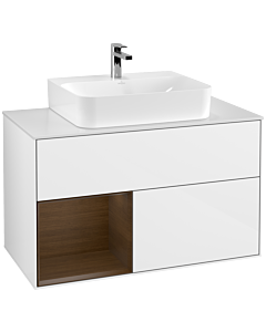 Villeroy und Boch Finion Villeroy und Boch F111GNGF 100cm, plaque de finition noir mat, étagère gauche placage noyer, laqué blanc brillant