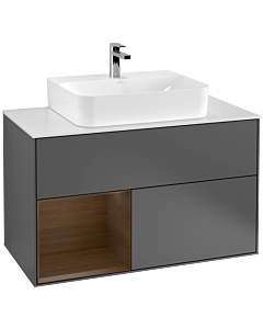 Villeroy und Boch Finion Waschtischunterschrank F111GNGK 100cm, Abdeckplatte black matt, Regal links Walnut veneer, Anthracite matt