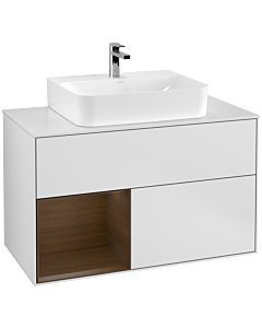 Villeroy und Boch Finion Waschtischunterschrank F111GNMT 100cm, Abdeckplatte black matt, Regal links Walnut veneer, White matt lacquer