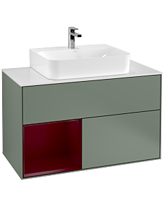 Villeroy und Boch Finion Waschtischunterschrank F111HBGM 100cm, Abdeckplatte black matt, Regal links Peony, Olive Matt Lacquer