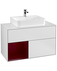 Villeroy und Boch Finion Waschtischunterschrank F111HBMT 100cm, Abdeckplatte black matt, Regal links Peony, White matt lacquer