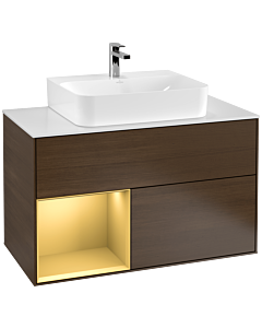 Villeroy und Boch Finion Waschtischunterschrank F111HFGN 100cm, Abdeckplatte black matt, Regal links Gold matt, Walnut veneer