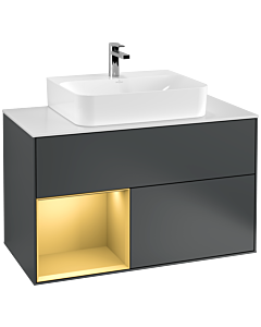 Villeroy und Boch Finion Waschtischunterschrank F111HFHG 100cm, Abdeckplatte black matt, Regal links Gold matt, Midnight Blue Matt Lacquer