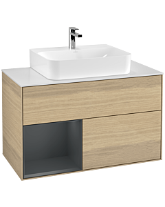 Villeroy und Boch Finion Waschtischunterschrank F111HGPC 100cm, Abdeckplatte black matt, Regal links Midnight Blue Matt Lacquer, Oak Veneer