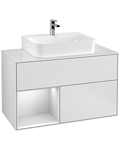 Villeroy und Boch Finion Villeroy und Boch F111MTMT 100cm, plaque de finition noir mat, étagère gauche laqué blanc mat, laqué blanc mat