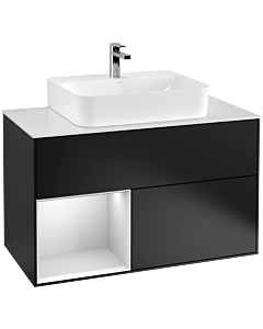 Villeroy und Boch Finion Waschtischunterschrank F111MTPD 100cm, Abdeckplatte black matt, Regal links White matt lacquer, Black matt lacquer