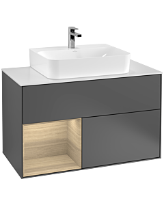 Villeroy und Boch Finion Waschtischunterschrank F111PCGK 100cm, Abdeckplatte black matt, Regal links Oak Veneer, Anthracite matt