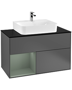 Villeroy und Boch Finion Waschtischunterschrank F112GMGK 100cm, Abdeckplatte white matt, Regal links Olive Matt Lacquer, Anthracite matt