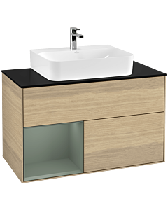 Villeroy und Boch Finion Waschtischunterschrank F112GMPC 100cm, Abdeckplatte white matt, Regal links Olive Matt Lacquer, Oak Veneer