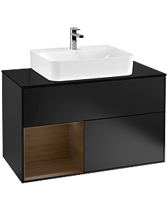 Villeroy und Boch Finion Villeroy und Boch F112GNPD 100cm, plaque de finition blanc mat, étagère gauche placage noyer, laqué noir mat