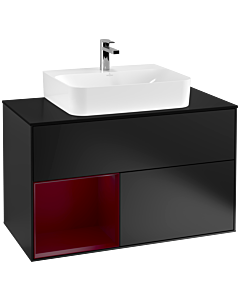 Villeroy und Boch Finion Waschtischunterschrank F112HBPD 100cm, Abdeckplatte white matt, Regal links Peony, Black matt lacquer