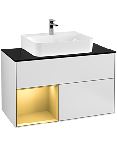 Villeroy und Boch Finion Villeroy und Boch F112HFMT 100cm, plaque de recouvrement blanc mat, étagère gauche or mat, laqué blanc mat