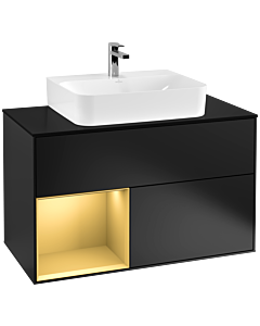 Villeroy und Boch Finion Waschtischunterschrank F112HFPD 100cm, Abdeckplatte white matt, Regal links Gold matt, Black matt lacquer