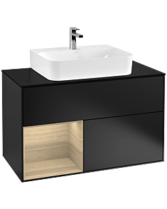 Villeroy und Boch Finion Waschtischunterschrank F112PCPD 100cm, Abdeckplatte white matt, Regal links Oak Veneer, Black matt lacquer