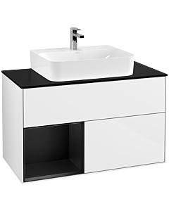 Villeroy und Boch Finion Villeroy und Boch F112PDGF 100cm, plaque de recouvrement blanc mat, étagère gauche laqué noir mat, laqué blanc brillant