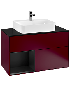 Finion Villeroy und Boch vasque F112PDHB 100cm, plaque de recouvrement verre noir mat, tablette gauche laqué noir mat, Peony Matt