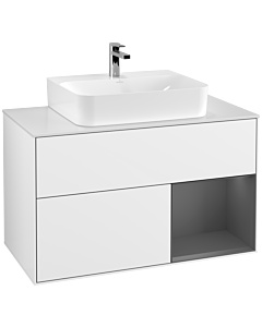 Villeroy und Boch Finion Waschtischunterschrank F121GKGF 100cm, Abdeckplatte weiß matt, Regal rechts Anthracite matt, Glossy white lacquer