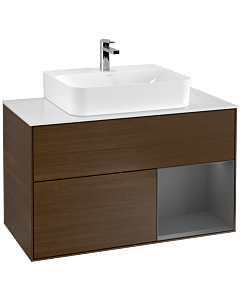 Villeroy und Boch Finion Waschtischunterschrank F121GKGN 100cm, Abdeckplatte weiß matt, Regal rechts Anthracite matt, Walnut veneer