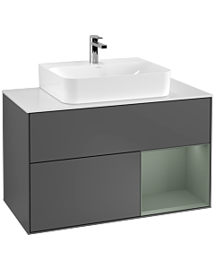 Villeroy und Boch Finion Waschtischunterschrank F121GMGK 100cm, Abdeckplatte weiß matt, Regal rechts Olive Matt Lacquer, Anthracite matt