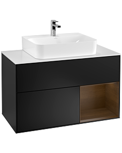 Villeroy und Boch Finion Waschtischunterschrank F121GNPD 100cm, Abdeckplatte weiß matt, Regal rechts Walnut veneer, Black matt lacquer