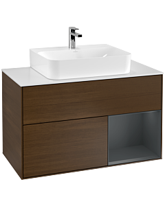 Villeroy und Boch Finion Waschtischunterschrank F121HGGN 100cm, Abdeckplatte weiß matt, Regal rechts Midnight Blue Matt Lacquer, Walnut veneer