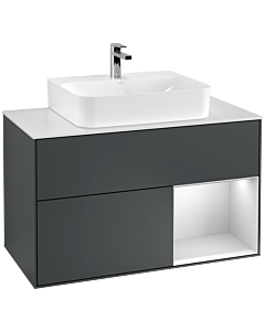 Villeroy und Boch Finion Waschtischunterschrank F121MTHG 100cm, Abdeckplatte weiß matt, Regal rechts White matt lacquer, Midnight Blue Matt Lacquer
