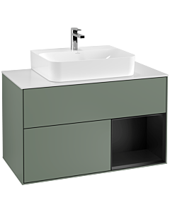 Villeroy und Boch Finion Waschtischunterschrank F121PDGM 100cm, Abdeckplatte weiß matt, Regal rechts Black matt lacquer, Olive Matt Lacquer