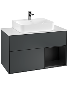 Villeroy und Boch Finion Villeroy und Boch F121PDHG 100cm, plaque de recouvrement blanc mat, étagère à droite laqué noir mat, Midnight Blue Matt Lacquer